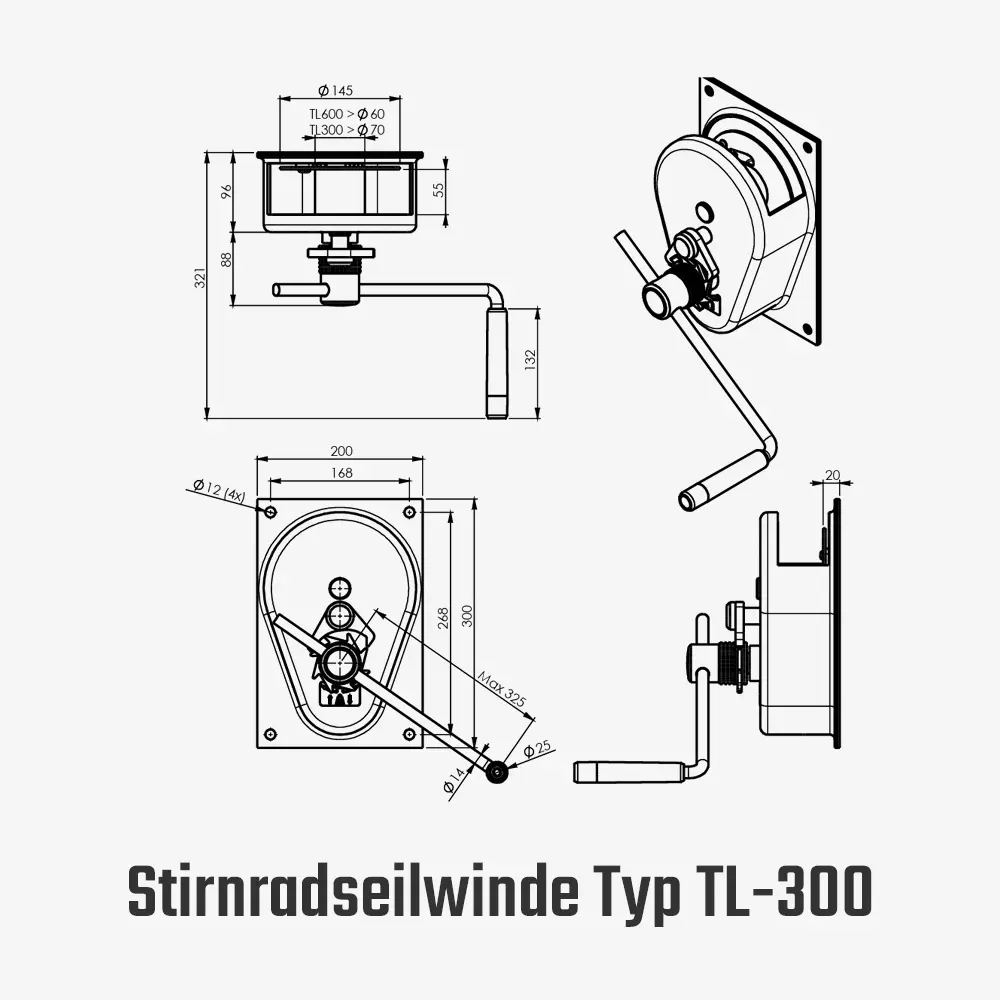 Wand-Handseilwinde mit Stirnradgetriebe - Lastbremse und verstellbarer Kurbel