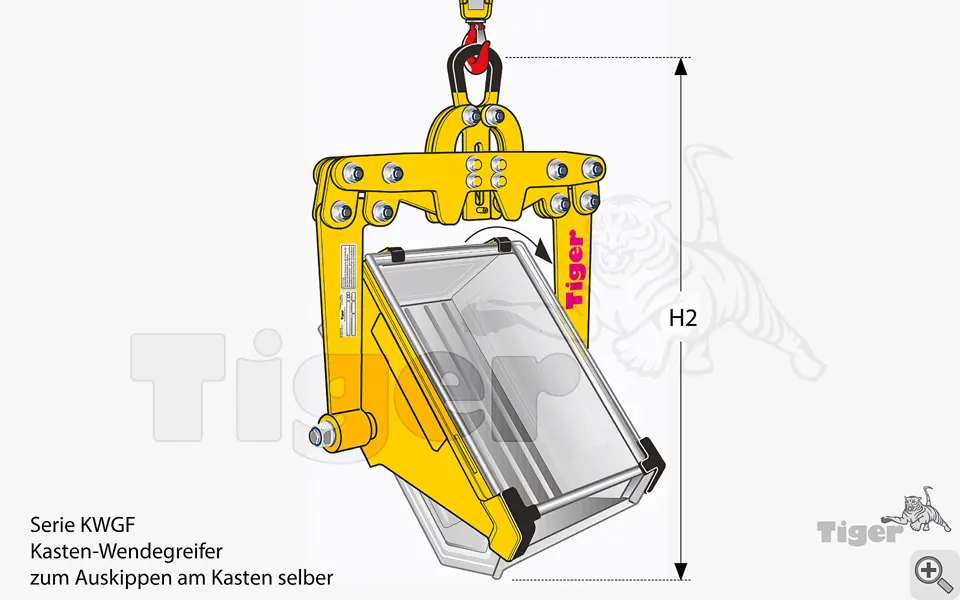 Produktbild von Kasten-Wendegreifer zum Heben und Entleeren von Blech-Sichtlagerkästen Serie KWGF tiger-kasten-wendegreifer-kwgf