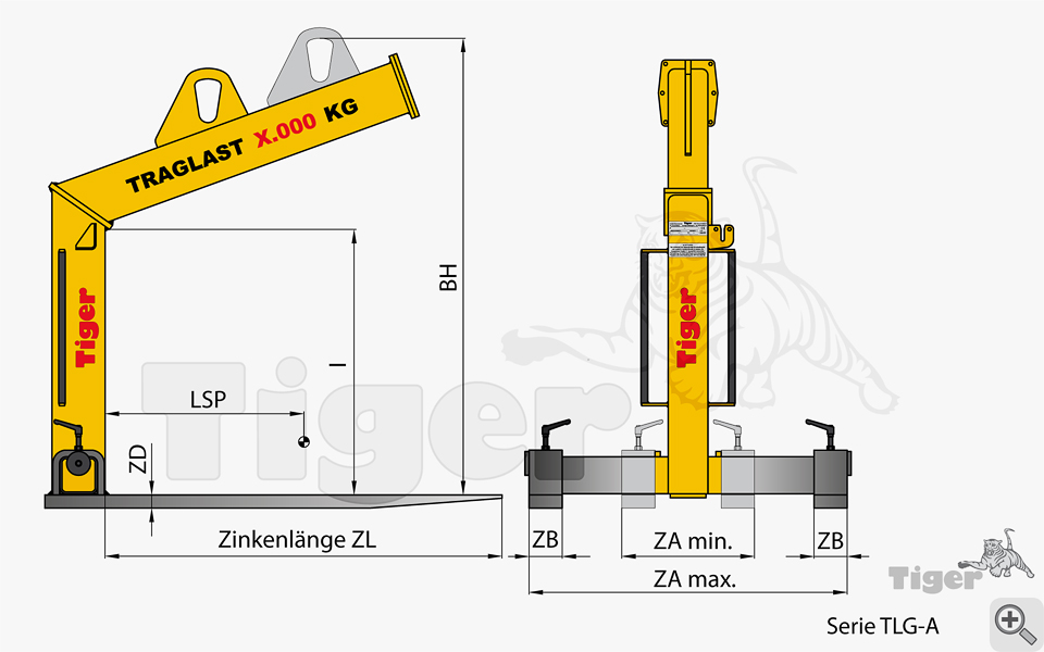 Technisches Bild von Tiger Automatik-Krangabeln mit stufenlos verstellbaren Gabelzinken Technisches Bild für kran-ladegabel-tlg-a-zeichnung-2