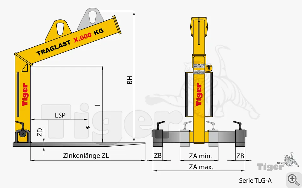 Technisches Bild von Tiger Automatik-Krangabeln mit stufenlos verstellbaren Gabelzinken Technisches Bild für kran-ladegabel-tlg-a-zeichnung-2