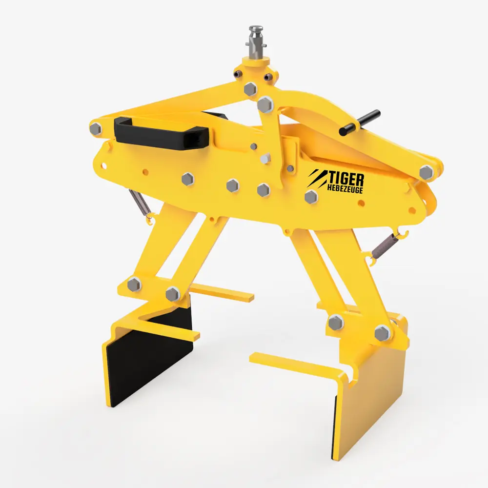 Produktbild von Kartongreifer mit Kupplungsstift und manueller Arretierung zum Heben von Kartons und Holzkisten tiger-kartongreifer-mit-kupplungsstift-und-manueller-hebelarretierung-serie-PKX-M