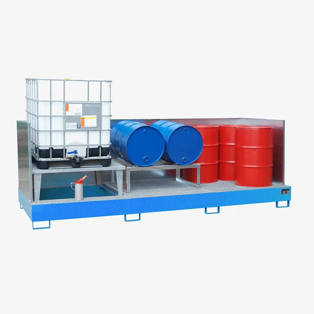 Auffangwanne mit Abfüllaufsatz für IBCs und Fässer – Stahlwanne zur Gefahrstoff-Lagerung