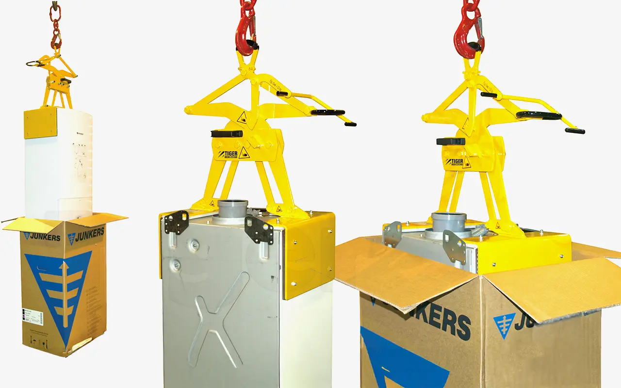 Produktbild von Tiger Sonder-Kartongreifer zum Heben von Thermo-Boilern in Verpackungs-Kartons per Kran tiger-sonder-kartongreifer-typ-PK-005-440-PA6 - Kopie