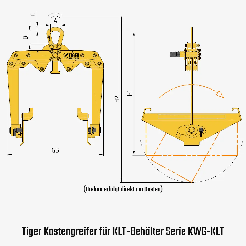 Tiger Kasten-Wendegreifer mit und ohne Handrad - KLT Kunststoffkästen per Kran heben und entleeren