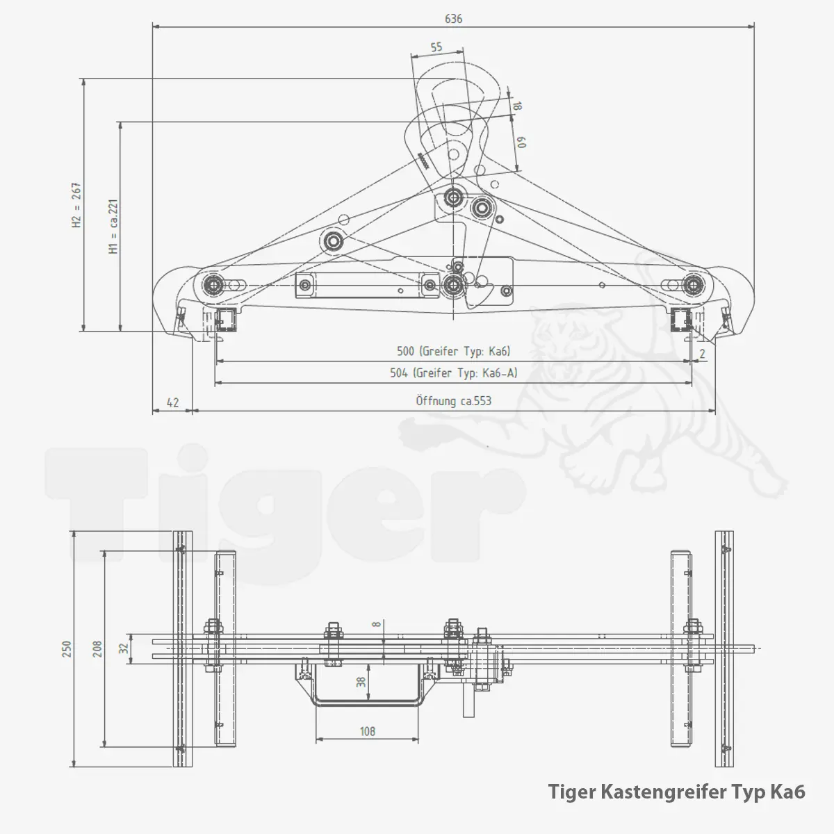 Technisches Bild von Tiger Kastengreifer - Lagerkästen und Waschkörbe mit dem Kran heben Technisches Bild für tiger-kastengreifer-alle-typen-ka6-zeichnung-lastaufnahmemittel