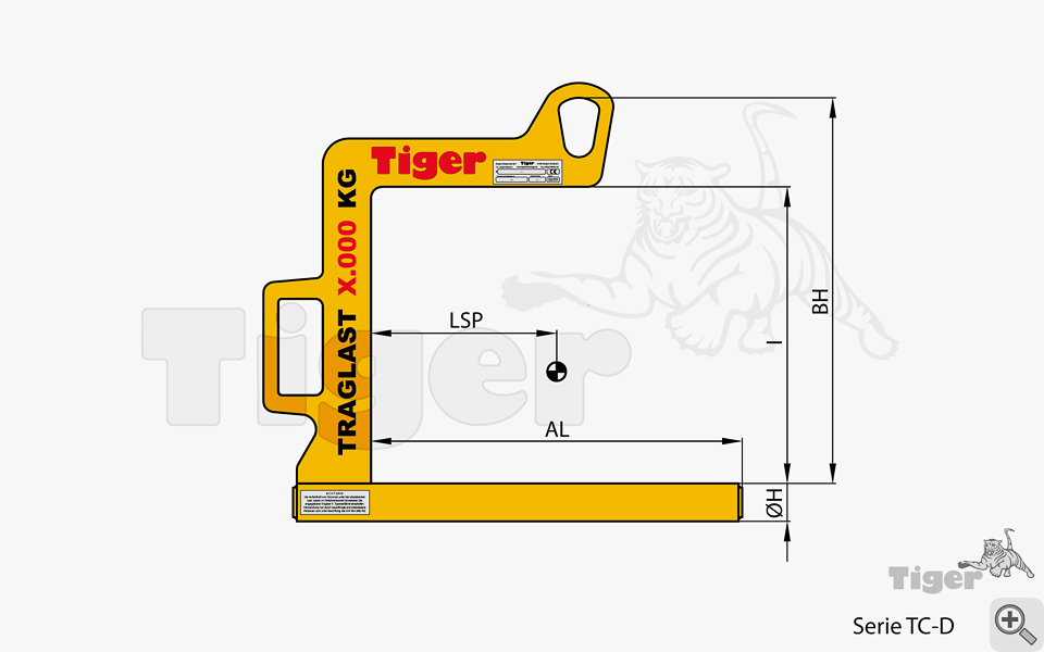 Technisches Bild von Tiger C-Haken mit starrem Tragdorn zum Coil-Transport per Kran Technisches Bild für coil-chaken-tc-d-zeichnung-1