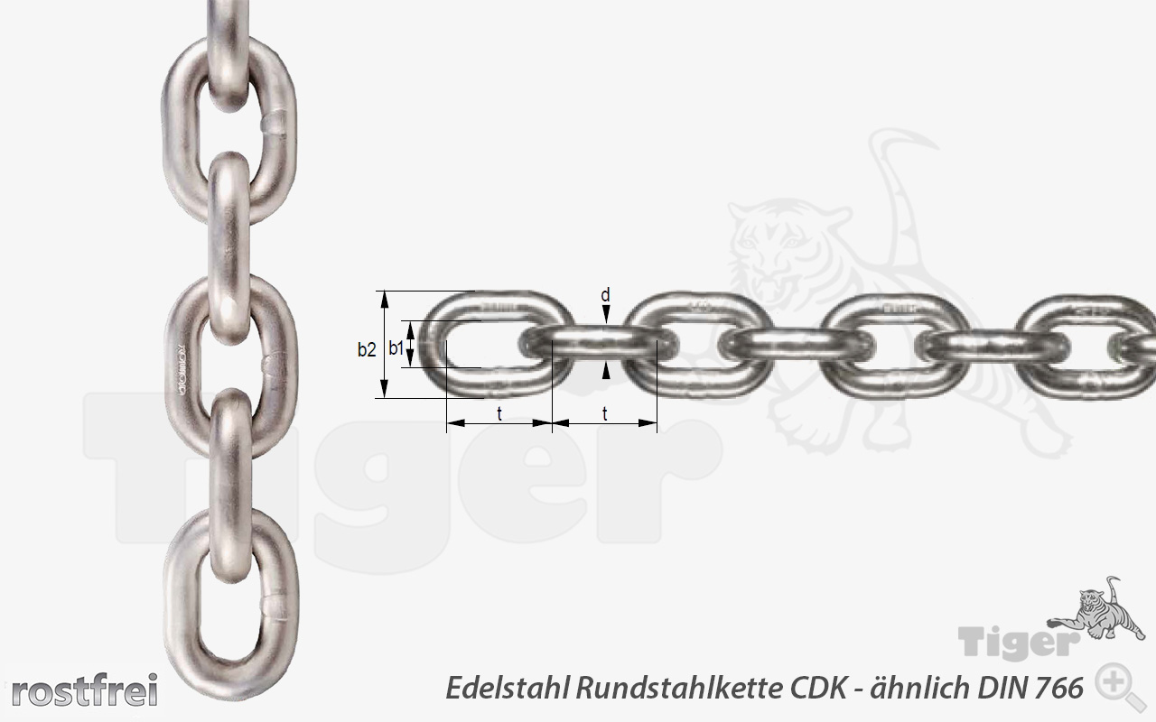 Technisches Bild von Niro-Rundstahlkette aus cromox® Edelstahl GK6 ähnl. DIN 766 geschweißte Niro-Kette Technisches Bild für cromox-rundstagklette-din766-niro