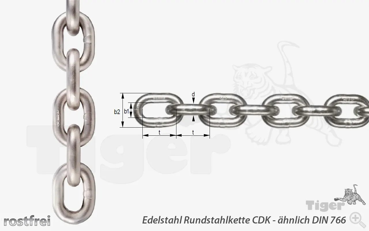 Technisches Bild von Niro-Rundstahlkette aus cromox® Edelstahl GK6 ähnl. DIN 766 geschweißte Niro-Kette Technisches Bild für cromox-rundstagklette-din766-niro