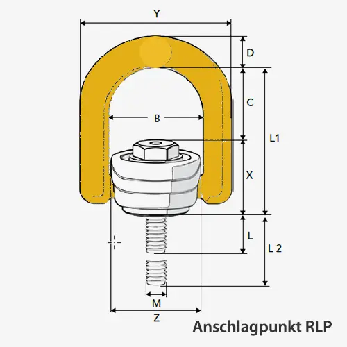 Technisches Bild von Wirbellastbock Grabiq GK10 zum Einschrauben und mit dreh-, schwenk- und abnehmbarem Lastbügel Technisches Bild für lastbuegel-drehbar-grabiq-rlp-zeichnung