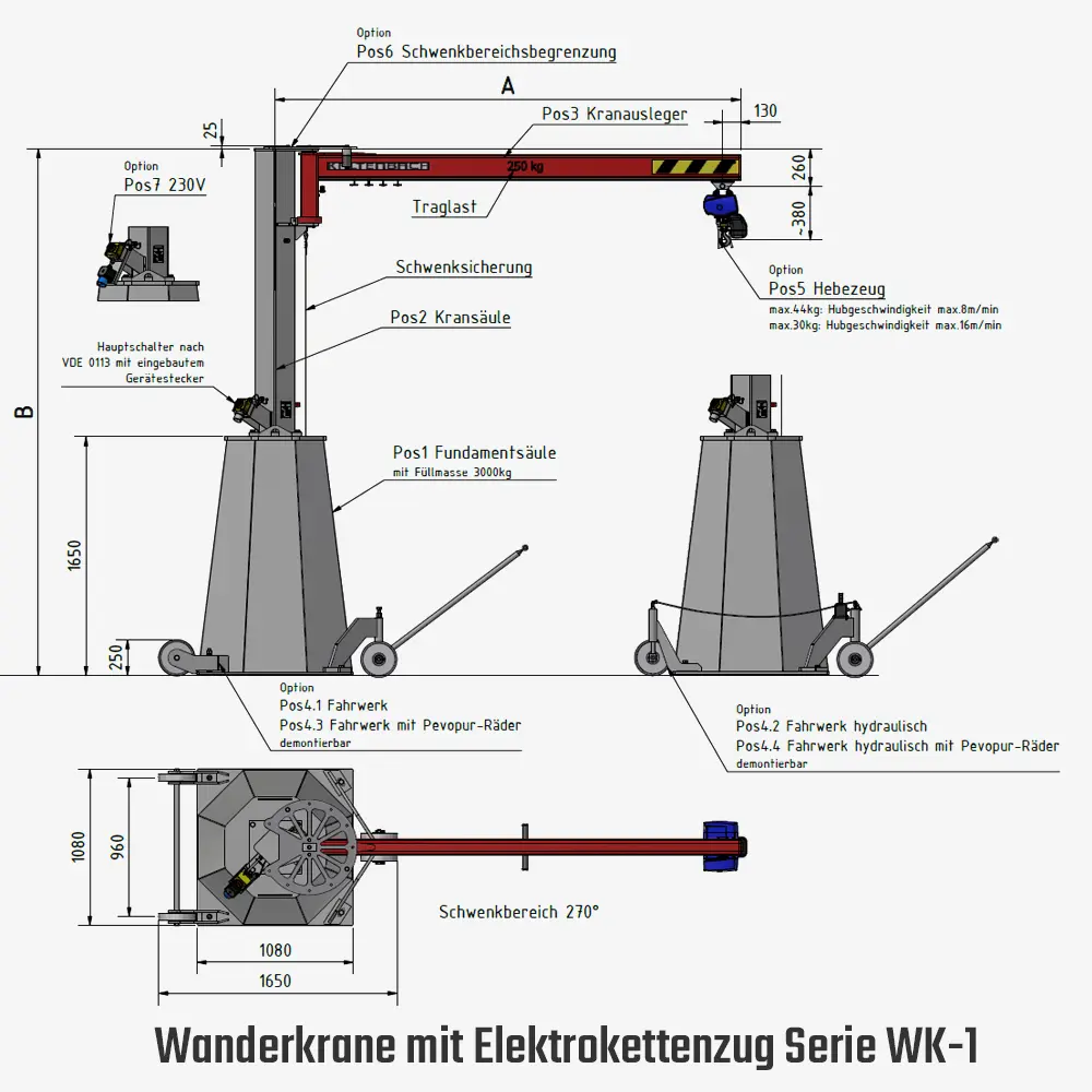 Technisches Bild für tigerhebezeuge-wanderkran-mobiler-drehkran-mit-elektrokettenzug-laufkatze-und-schwenksicherung-serie-WK-1-zeichnung