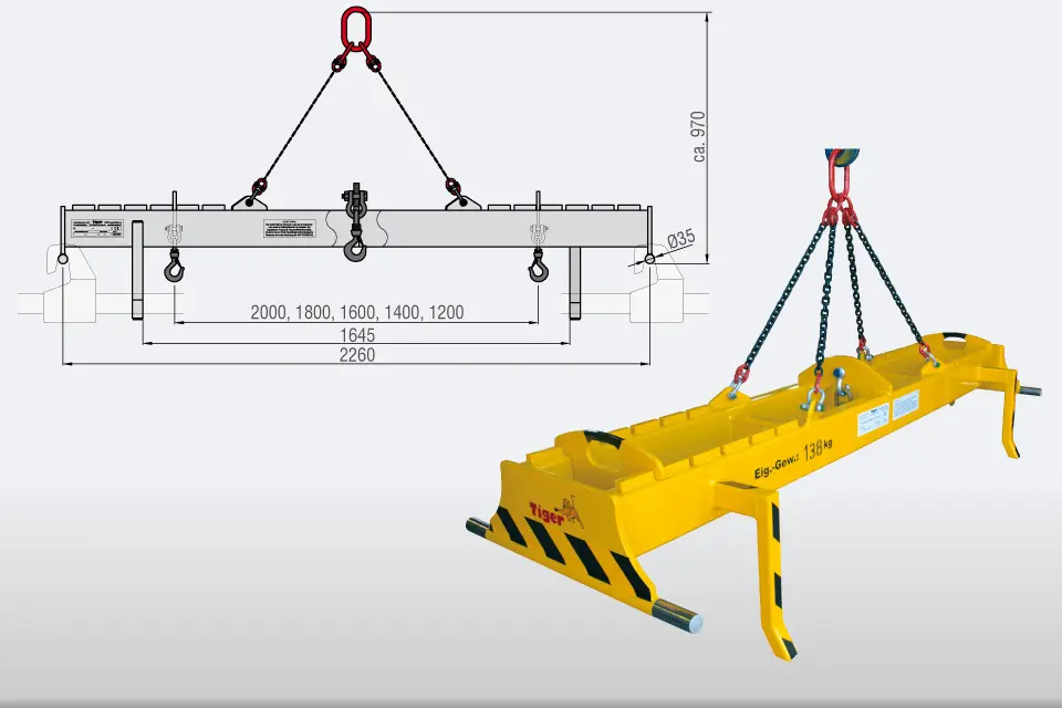 Produktbild von Tiger Sonder-Quertraversen mit 4-Strang-Kettenaufhängung und Abstellfüßen Serie Sonder-TA-Q-KA-2V+W tiger-ta-q-ka-2v-w-2-5-3-2x0-6-960