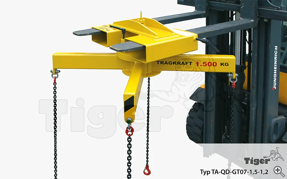 Produktbild von Tiger Sonder-Drehtraverse mit 4 Anschlagketten mit Lasthaken Serie Sonder-TA-QD-GT tiger-staplertraverse-drehbar