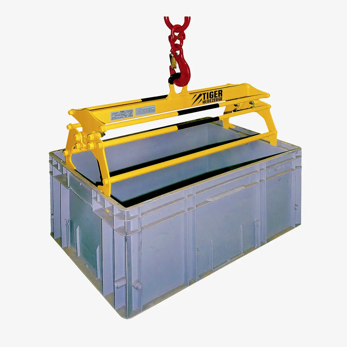 Produktbild von Tiger Kastengreifer für KLT-Behälter zum Kasten-Transport mit dem Kran tiger-kastengreifer-fuer-kunststoffkaesten-euroboxen-serie-KLT