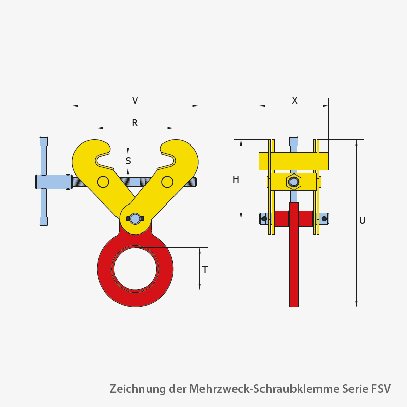 Technisches Bild von Terrier Mehrzweck-Schraubklemme zum horizontalen Heben und Transportieren von Stahl-Balken, H-Profilen und Strukturen Technisches Bild für terrier-mehrzweck-schraubklemme-serie-FSV-zeichnung