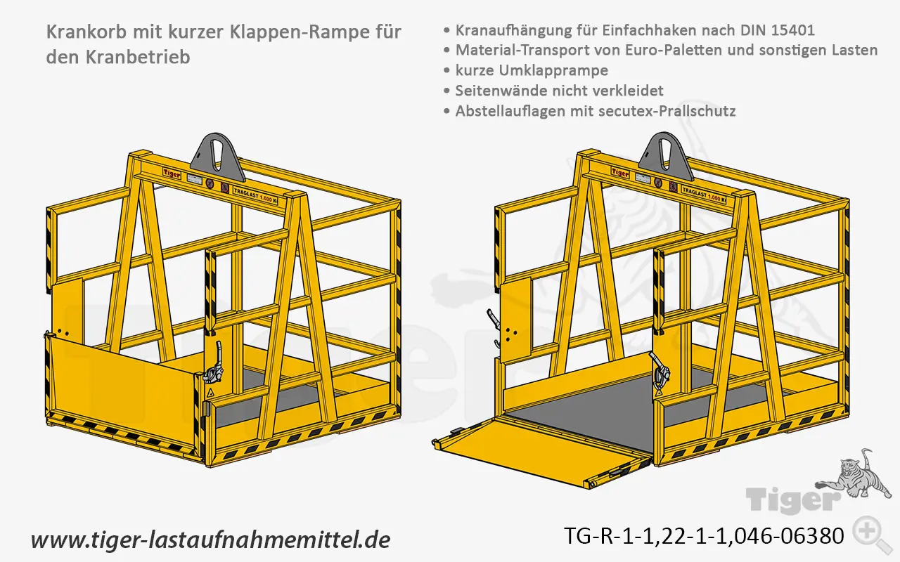 Produktbild von Tiger Sonder-Krankorb mit einer Klappenrampe, ohne Seitenverkleidung zum Materialtransport Serie Sonder-TG-R-1 tiger-krankorb-06380-lastaufnahmemittel