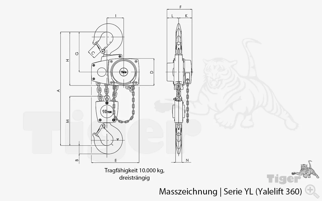 Technisches Bild von Yale Stirnradflaschenzug Yalelift360 - Handkettenzug mit rotierender 360° Kettenführung Technisches Bild für stirnradflaschenzug-yale-yl-masszeichnung-10000kg