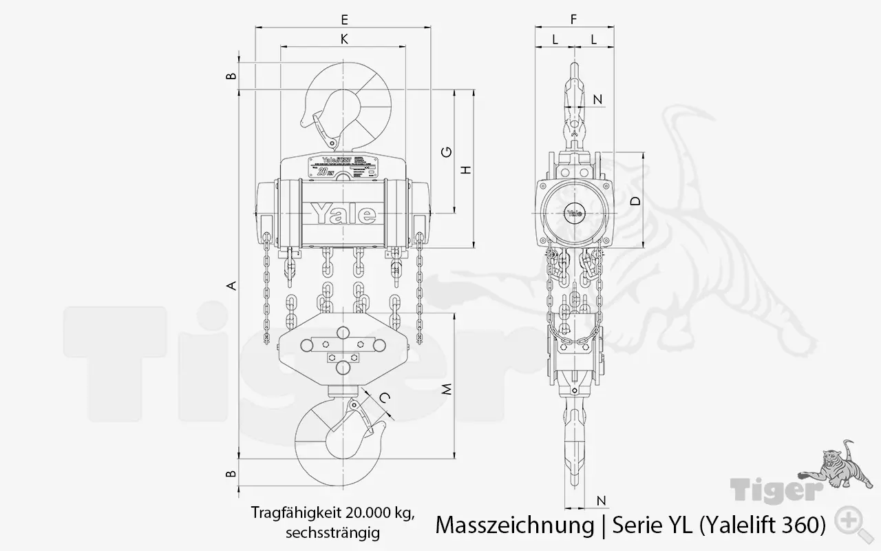 Technisches Bild von Yale Stirnradflaschenzug Yalelift360 - Handkettenzug mit rotierender 360° Kettenführung Technisches Bild für stirnradflaschenzug-yale-yl-masszeichnung-20000kg