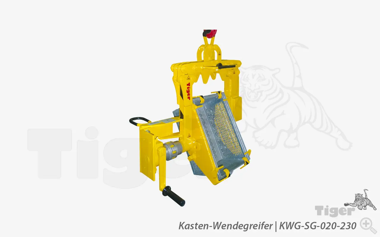 Produktbild von Tiger Sonder-Kasten-Wendegreifer mit Drehwerk zum Transport und zur Entleerung von Lochblechkästen Serie Sonder-KWG-SG tiger-kasten-wendegreifer-kwg-sg-020-230