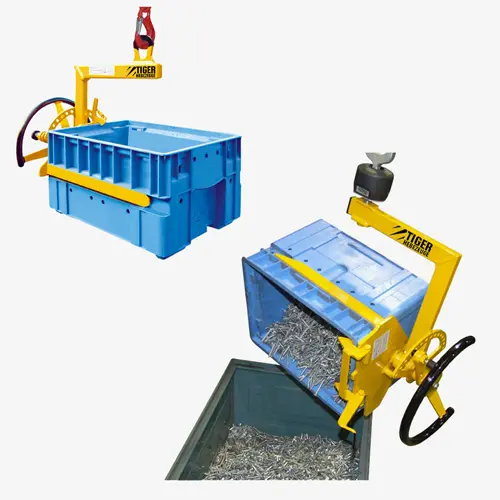 Produktbild von Kastengreifer mit Handrad zum Heben und Entleeren von C-KLT-Behältern Serie C-KLT_HR tiger-kastengreifer-gabel-c-haken-fuer-kunststoffkaesten-mit-kranoese-oder-schnellkuppler-serie-C-KLT-HR
