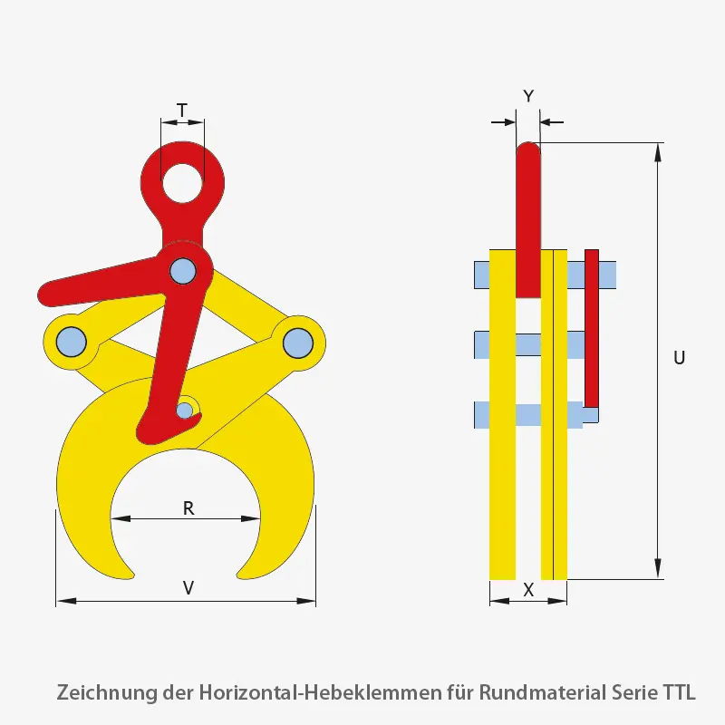 Technisches Bild von Terrier Horizontal-Hebeklemme zum Heben von Rohren, Stäben und Rundmaterial Technisches Bild für terrier-horizontal-hebeklemme-fuer-rundmaterial-serie-TTL-zeichnung