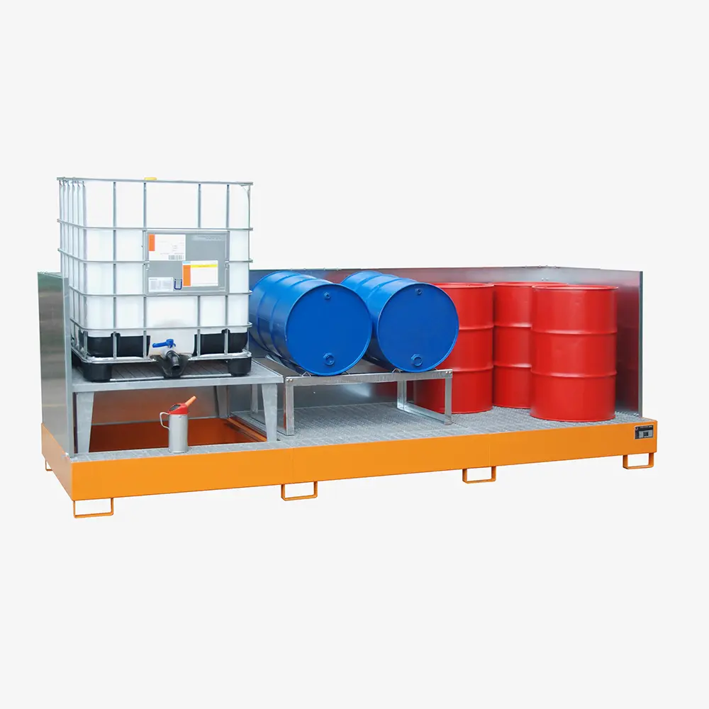 Auffangwanne mit Abfüllaufsatz für IBCs und Fässer – Stahlwanne zur Gefahrstoff-Lagerung