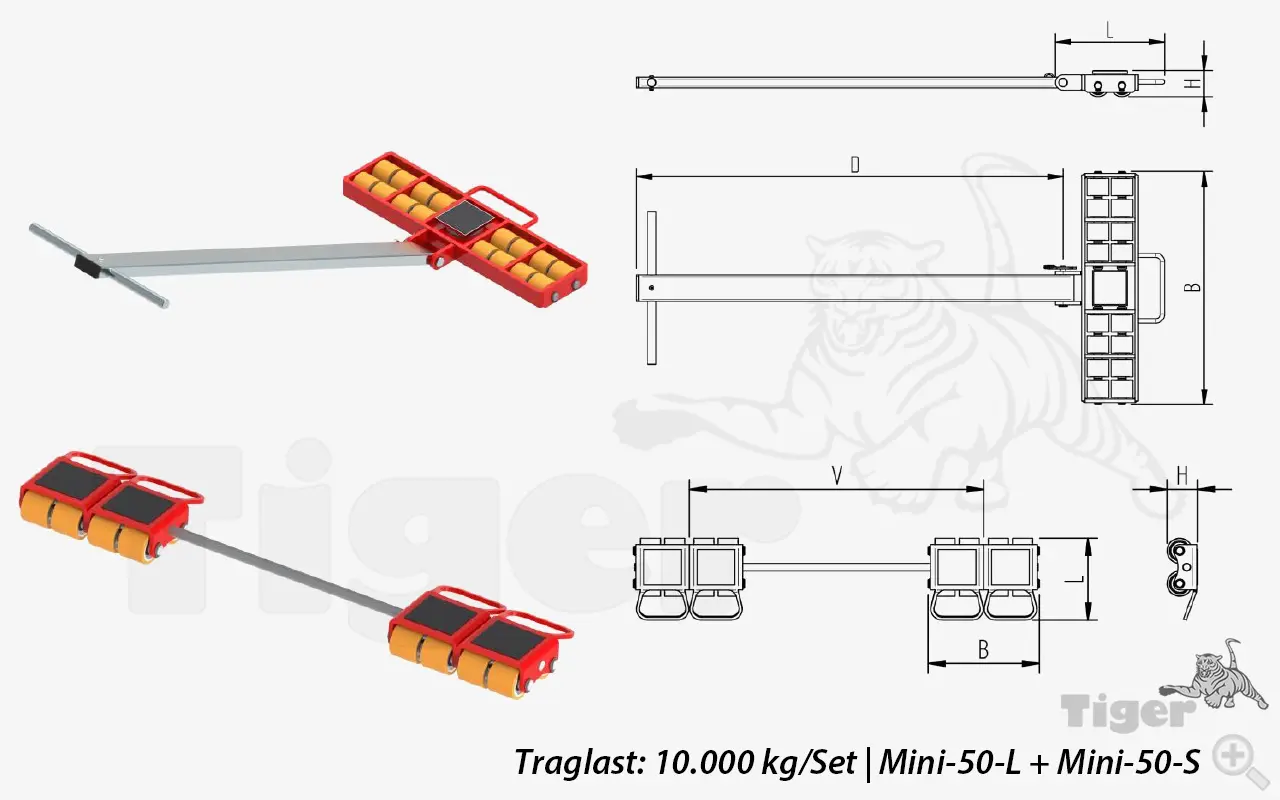 Technisches Bild von Schwerlast-Transportfahrwerke mit PU-Rollen zur 3-Punkt-Auflage TH: 60 mm Technisches Bild für schwerlasttransportfahrwerke-mini-10000kg