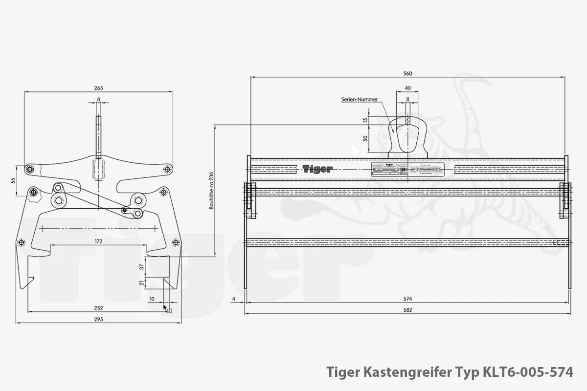 Technisches Bild von Tiger Kastengreifer für KLT-Behälter zum Kasten-Transport mit dem Kran Technisches Bild für tiger-kastengreifer-typ-klt6-005-574-zeichnung