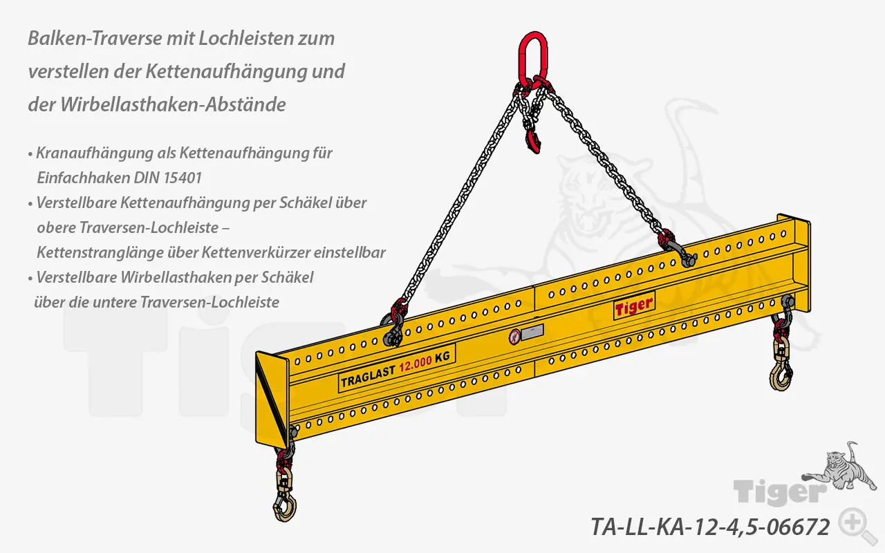 Produktbild von Tiger Sonder-Balkentraverse mit Lochleisten und verstellbarer Kettenaufhängung sowie Lasthaken lasttraverse-krankette-ta-ll-ka-12-4-5-06672