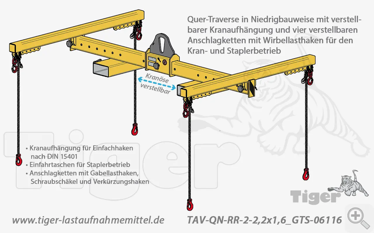 Produktbild von Tiger Sonder-Quer-Traverse in Niedrigbauweise mit verstellbarer Kranaufhängung Serie Sonder-TAV-QN-RR_GTS tiger-quertraverse-verstellbar-tav-qn-rr-lastaufnahmemittel