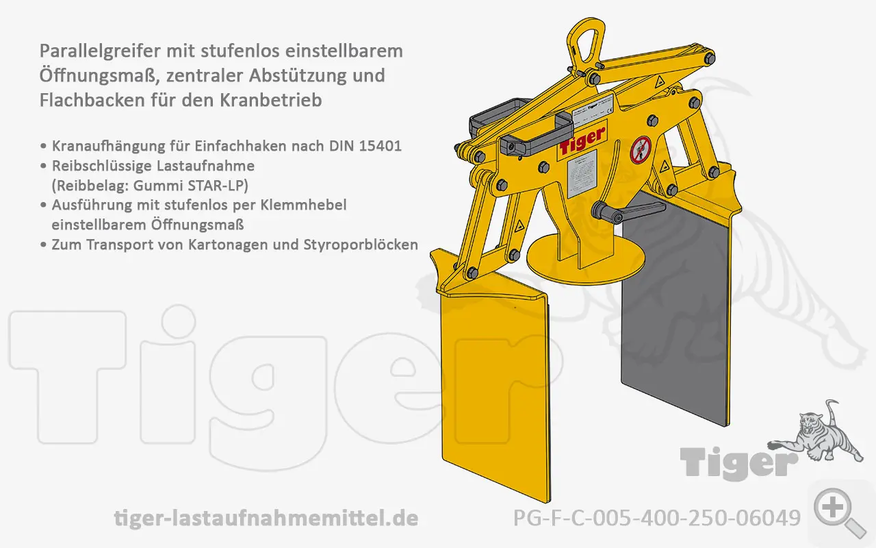 Produktbild von Tiger Sonder-Parallelgreifer mit verstellbarer Greifweite zum Kranen von Kartonagen und Styroporblöcken Serie Sonder-PG-F-C tiger-parallelgreifer-pg-f-c-005-400-250-06049