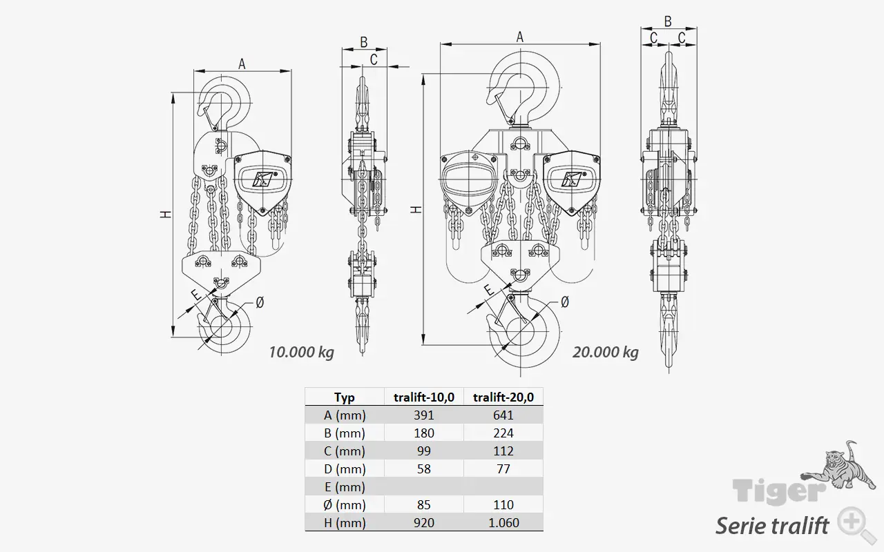 Technisches Bild von Stirnradflaschenzug tralift - Manueller Kettenzug mit TÜV nach EN13157 Technisches Bild für stirnradflaschenzug-tralift-zeichnung-2