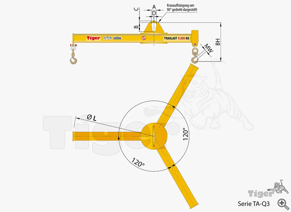 Technisches Bild von Sterntraversen - Tiger 3-Arm-Krantraversen mit Wirbellasthaken, starr Technisches Bild für 3arm-krantraverse-ta-q3-zeichnung1