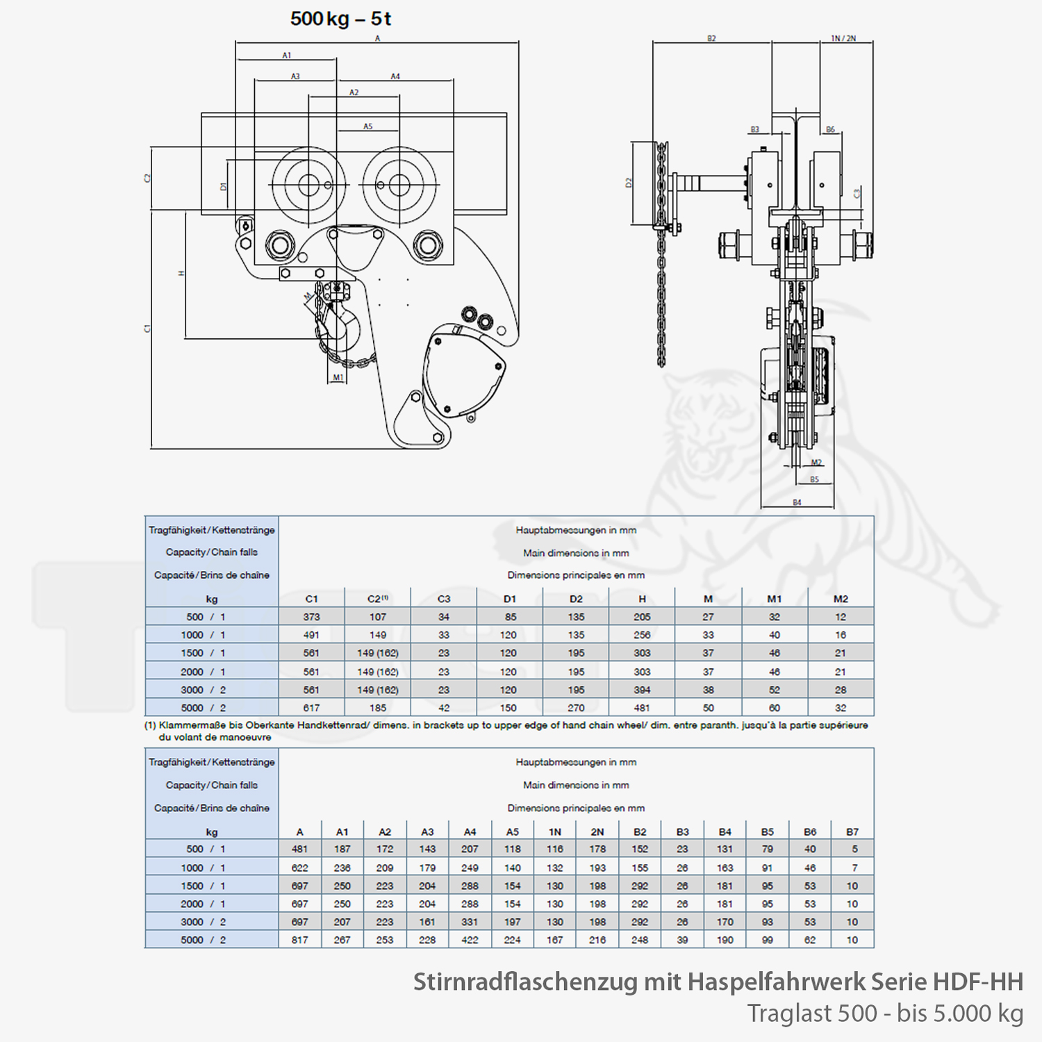 Zum Vergrößern anklicken Technisches Bild für tigerhebezeuge-hadef-stirnradflaschenzug-mit-rollfahrwerk-serie-hdf-hh-zeichnung1