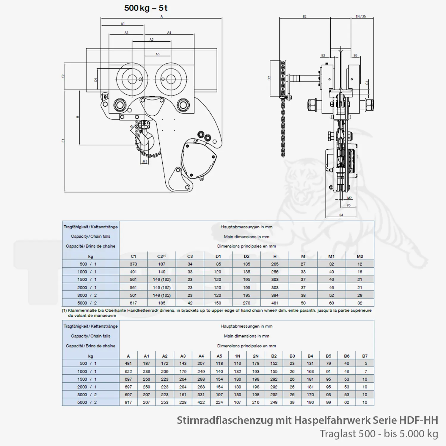 Zum Vergrößern anklicken Technisches Bild für tigerhebezeuge-hadef-stirnradflaschenzug-mit-rollfahrwerk-serie-hdf-hh-zeichnung1