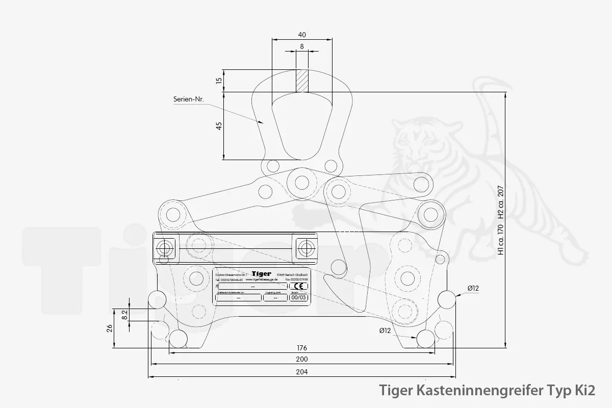 Technisches Bild von Kastengreifer Tiger zum Kran-Heben von Sichtlagerkästen aus Stahlblech Technisches Bild für tiger-kasten-innengreifer-typ-Ki2-zeichnung-1