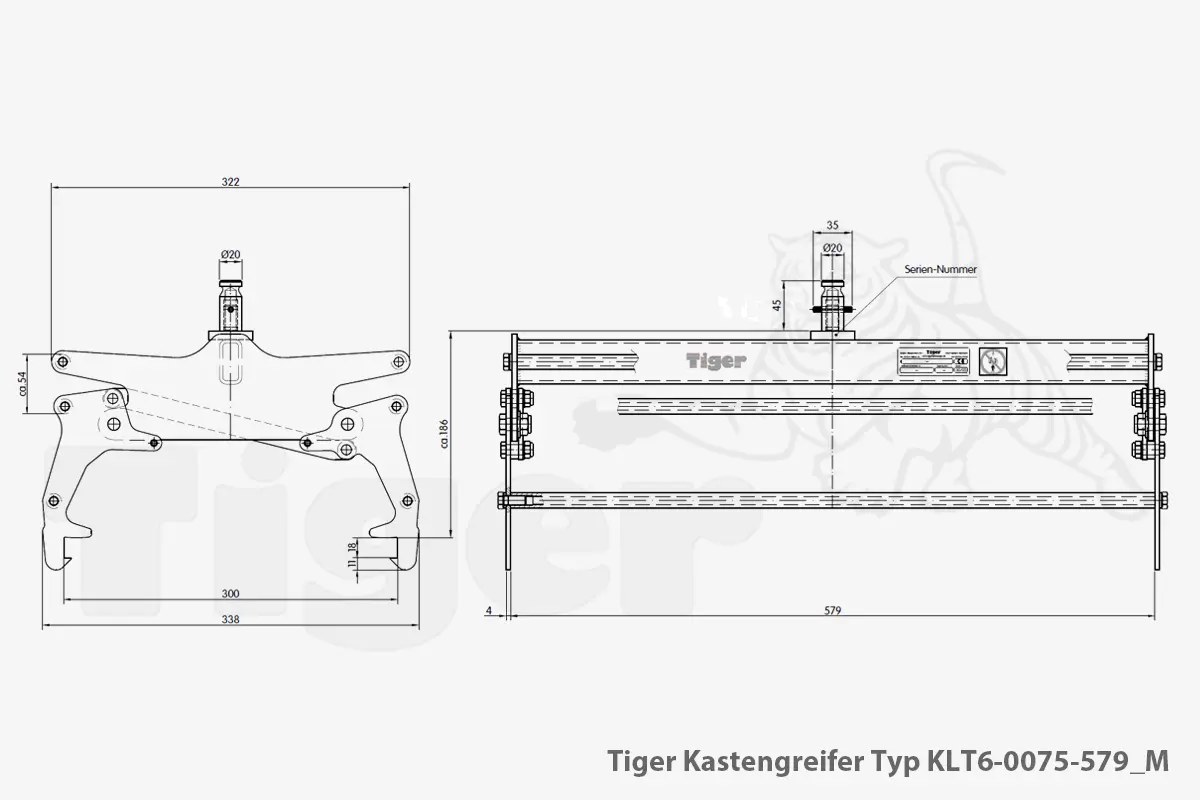 Technisches Bild von Kastengreifer mit Manu-Kuppler zum Kran-Transport von KLT-Behältern Technisches Bild für tiger-kastengreifer-typ-klt6-0075-579_m-zeichnung