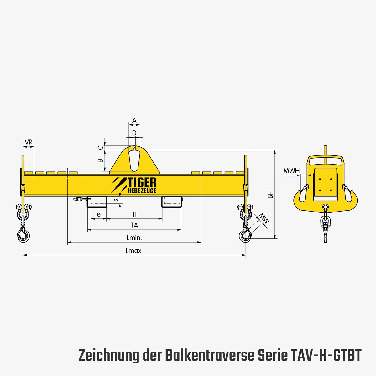 Balkentraverse TAV-GTBT mit 2 Wirbellasthaken, oder 4 Seitenhaken und Wirbellasthaken, für Kran und Stapler