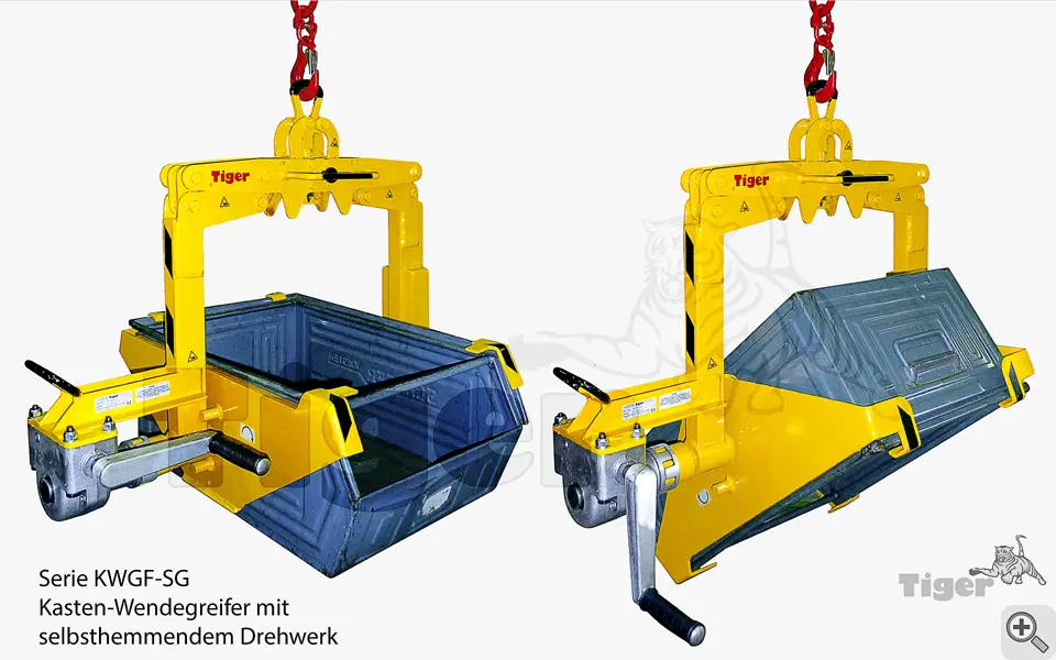 Produktbild von Tiger Kastenwendegreifer mit Kurbelgetriebe zum Heben und Leeren von Sichtlagerkästen kasten-wendegreifer-kwgf-sg-2