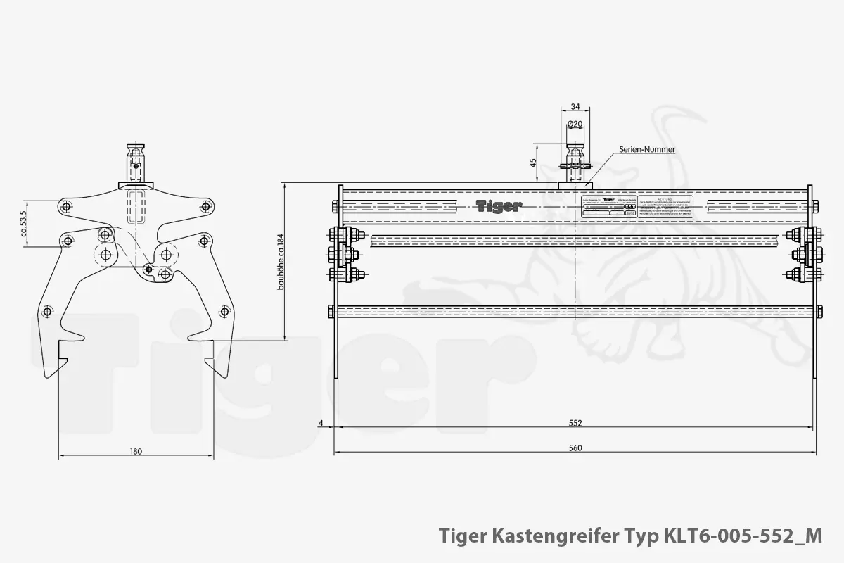 Technisches Bild von Kastengreifer mit Manu-Kuppler zum Kran-Transport von KLT-Behältern Technisches Bild für tiger-kastengreifer-typ-klt6-005-552_m-zeichnung