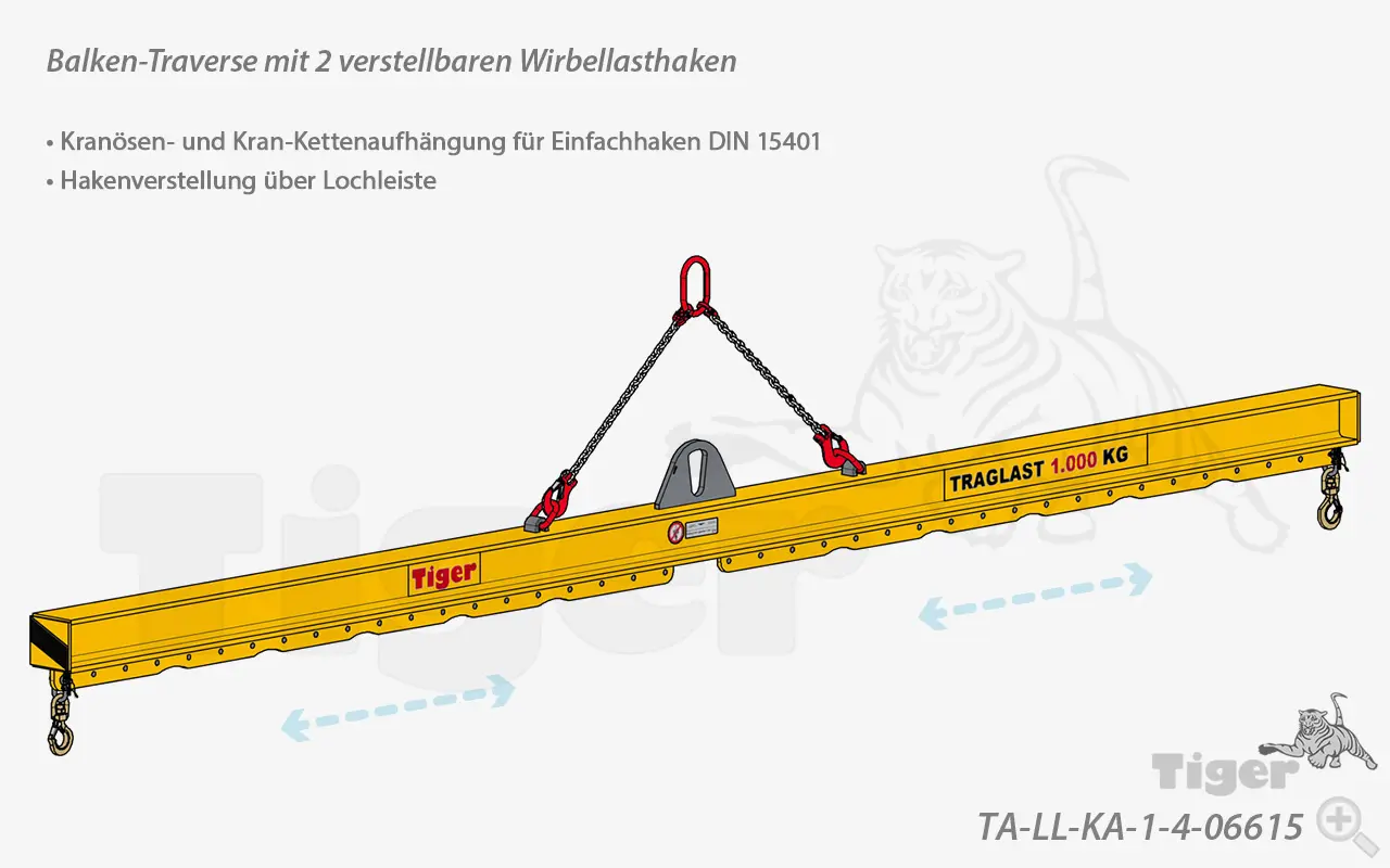 Produktbild von Tiger Sonder-Balkentraverse mit Kranöse, Kettenaufhängung und 2 verstellbaren Lasthaken Serie Sonder-TA-LL-KA-1 tiger-krantraverse-ta-ll-ka-1-4-06615