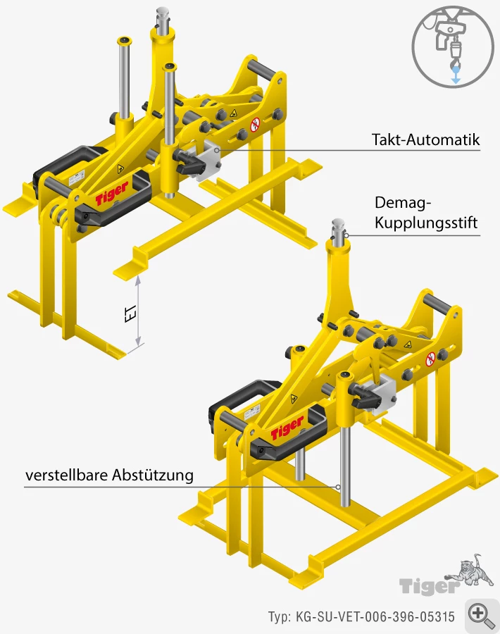 Produktbild von Tiger Sonder-Parallelschiebegreifer zur Aufnahme von Blechbehältern und gestapelten Paletten Typ KG-SU-VET-006-396-05315 sonder-hebezange-verstellbar-kg-su-vet-006 Typ KG-SU-VET-006-396-05315