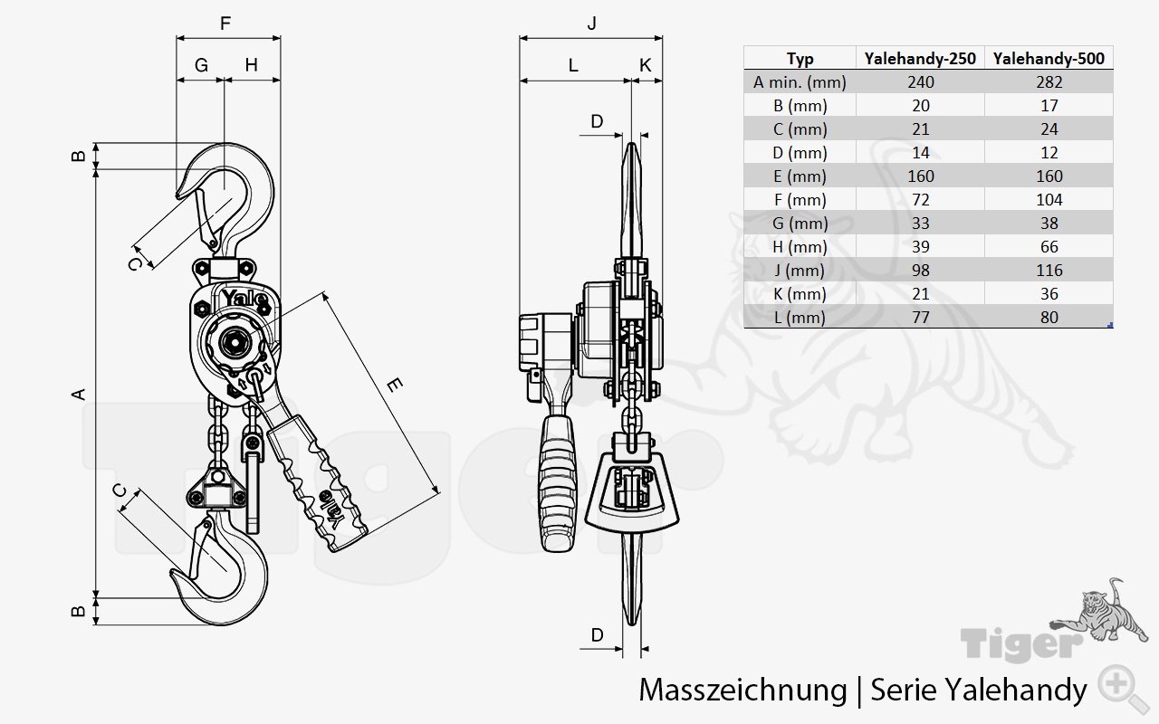 Zum Vergrößern anklicken Technisches Bild für handhebelzug-yalehandy-masszeichnung