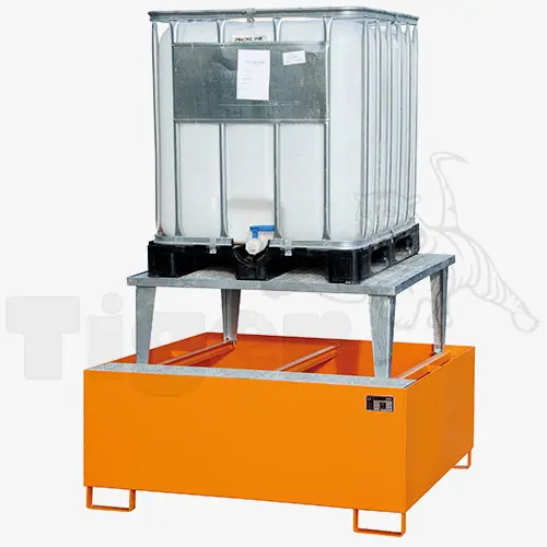 Produktbild von Auffangwanne mit Abfüllaufsatz für IBC-Container u. Fässer – Stahlwanne zur umweltgerechten Gefahrstoff-Lagerung Serie AWA tigerhebezeuge-stahl-auffangwannen-awa-abfuellaufsatz