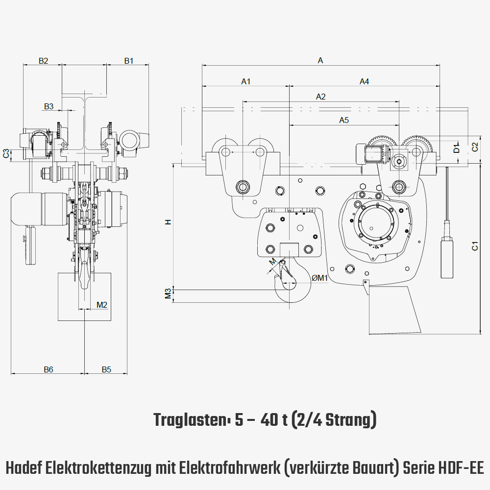 Technisches Bild für tigerhebezeuge-hadef-elektrokettenzug-mit-elektrofahrwerk-mit-elektrofahrwerk-serie-HDF-EE-in-verkuerzter-bauart-zeichnung-5000kg-bis-40000kg