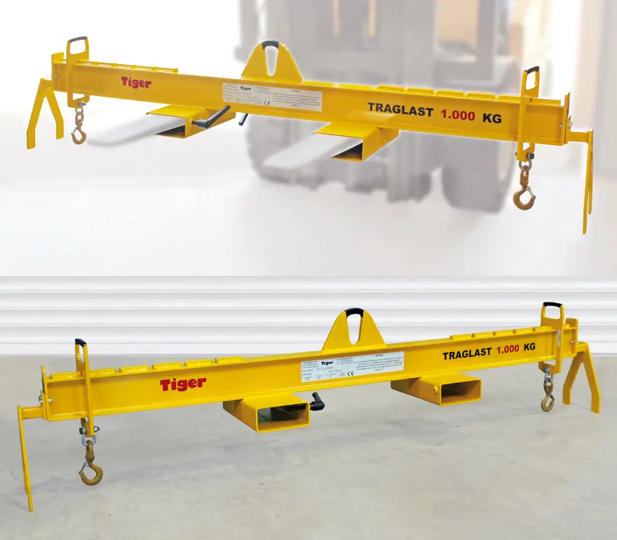 Produktbild von Tiger Sonder-Balkentraverse mit verstellbaren Wirbellasthaken, Staplertaschen und Abstellfüßen Serie Sonder-TAV-GT tiger-tav-1-2-gt05zi500