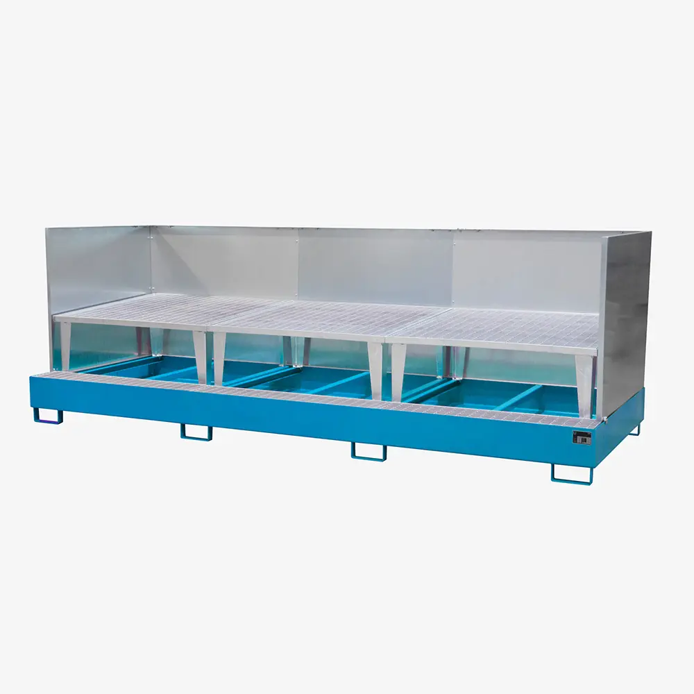 Auffangwanne mit Abfüllaufsatz für IBCs und Fässer – Stahlwanne zur Gefahrstoff-Lagerung