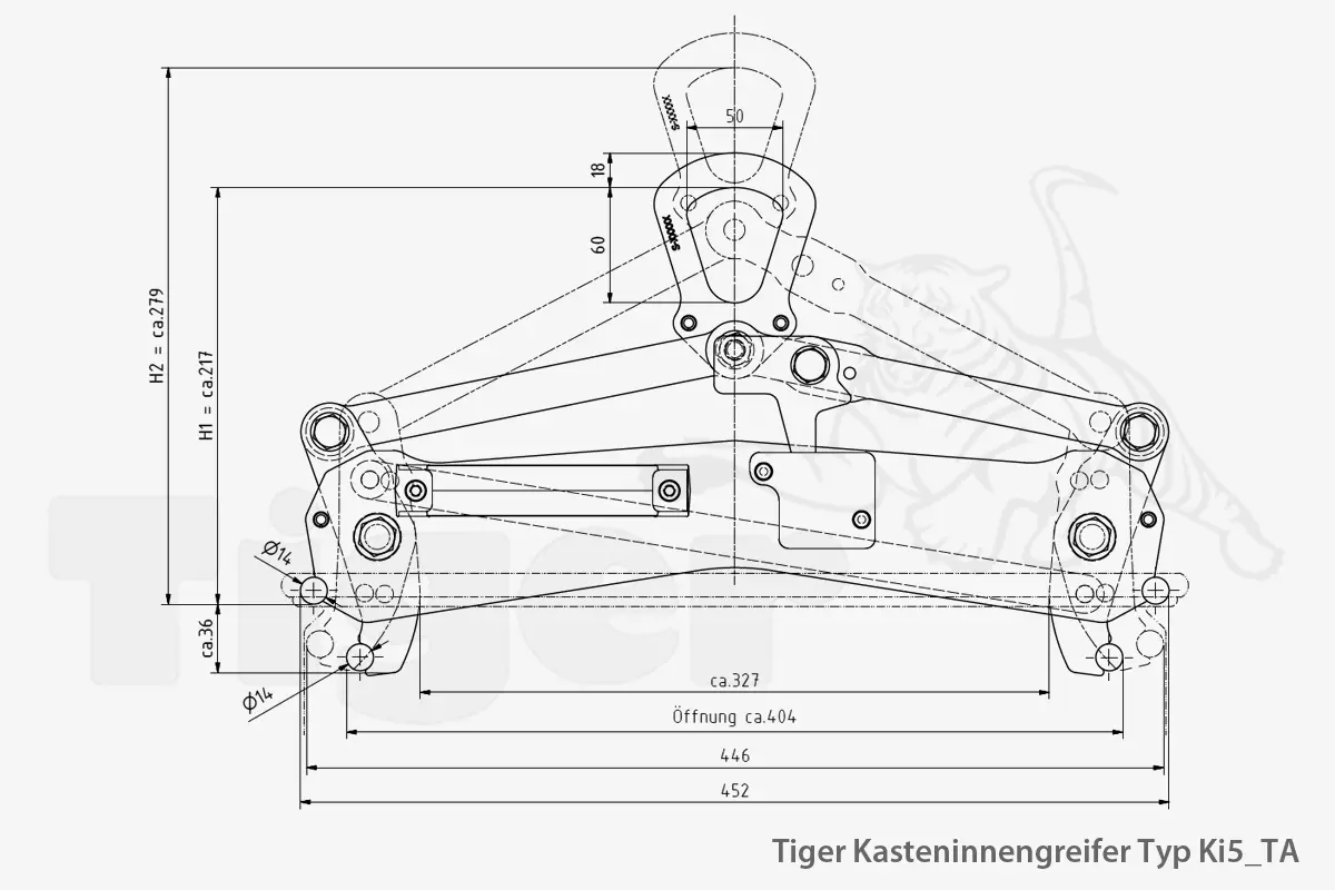 Technisches Bild von Kastengreifer Tiger zum Kran-Heben von Sichtlagerkästen aus Stahlblech Technisches Bild für tiger-kasten-innengreifer-typ-Ki5_TA-zeichnung