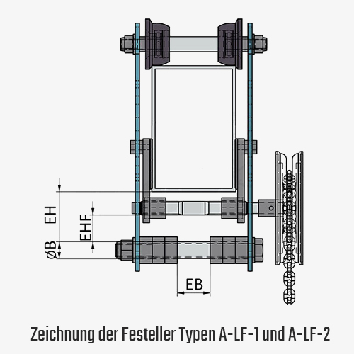 Technisches Bild von Zubehör für die Aluportalkrane AKS, AKF-HV-1000, AV-0,5 und AVF-0,5 Technisches Bild für tigerhebezeuge-laufkatze-mit-feststeller-Typ-A-LF-1-und-A-LF-2-zeichnung