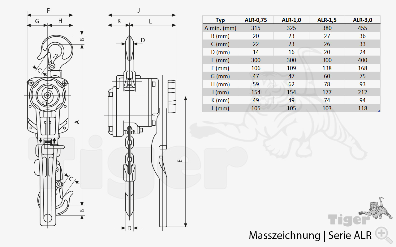 Zum Vergrößern anklicken Technisches Bild für yale-ratschenzug-alr-masszeichnung