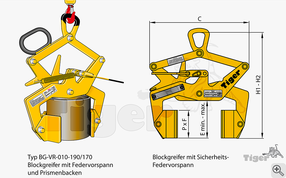 Technisches Bild von Tiger Blockgreifer für Rundmaterial, m. Prismenbacken u. Federvorspann Technisches Bild für block-hebegreifer-bg-vr-1